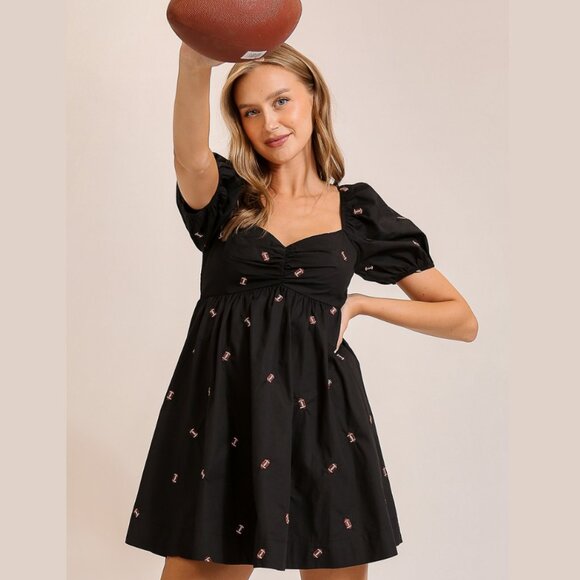 TIMING Football Mini Dress Black Puff Sleeve Sweetheart Neck Game Day Y2K - Picture 2 of 8